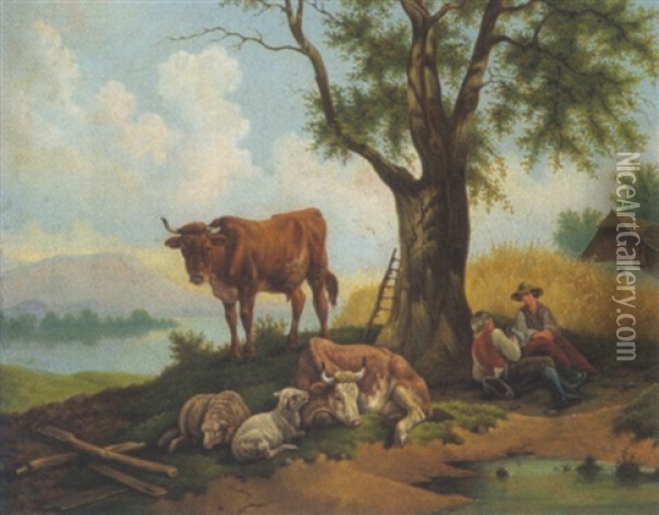 Das Landmanns Mittagsruhe Oil Painting - Friedrich Gauermann