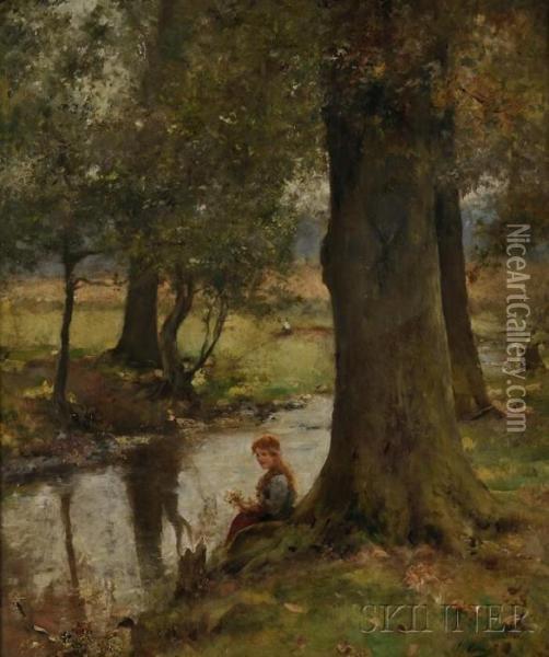 Young Woman Seated By A Stream Oil Painting - Leo Malempre