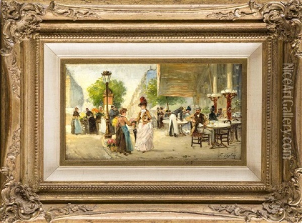 Pariser Strasenszene Mit Einer Dame Beim Blumenkauf Vor Einer Cafehaus-terrasse Oil Painting - Paul Vogler
