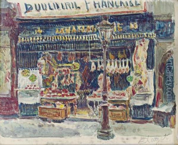 Butcher Storefront; And A Companion Work Oil Painting - Louis Hayet
