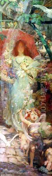 Gentle Spring brings her Garden Stuff to Market, c.1896 Oil Painting - Amy Sawyer