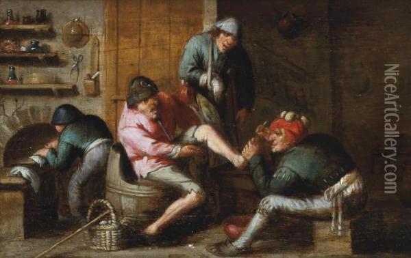 A Quack Operating On The Foot Of A Peasant Oil Painting - Adriaen Brouwer