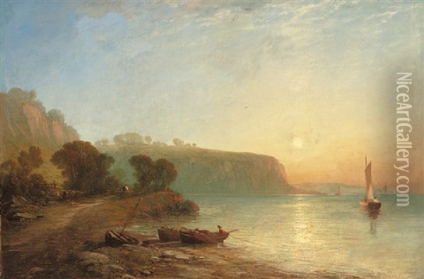 Unloading The Boats At Sunset Oil Painting - James Francis Danby