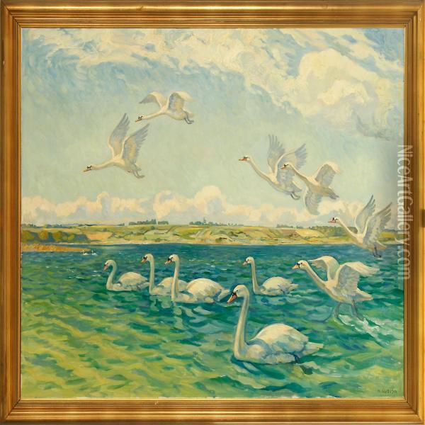 The Swans At Utterslev Mose Oil Painting - Wilfred Peter Glud