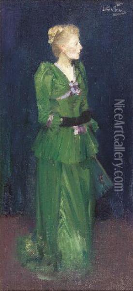 Full Length Portrait Of Maggie Hamilton In An Emerald Greendress Oil Painting - Benjamin James Bowen