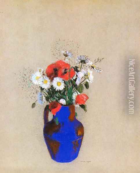 Poppies And Daisies In A Blue Vase Oil Painting - Odilon Redon