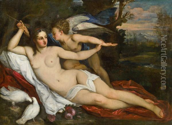 Venus Und Cupido In Einer Landschaft Oil Painting - Giacinto Calandrucci