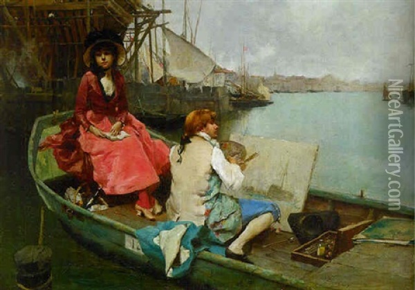An Artist With A Lady In A Boat In A Harbour Oil Painting - Emile Auguste Pinchart