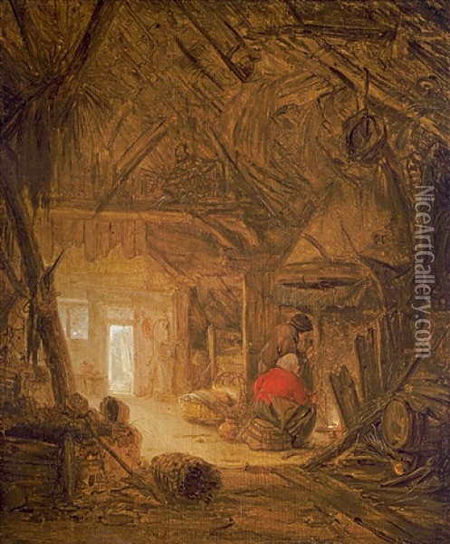 Boor Filing A Pipe At A Barrel By The Fireplace Of An Inn Oil Painting - Isaac Van Ostade