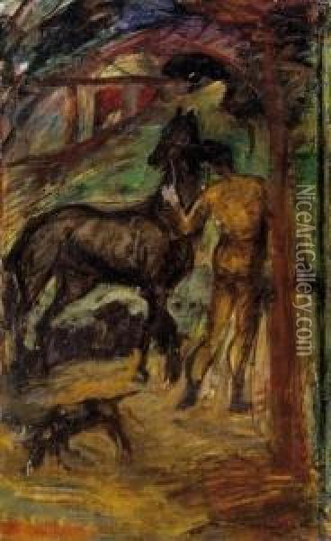 Male Nude With A Horse And A Dog Oil Painting - Josef Karoly Kernstok