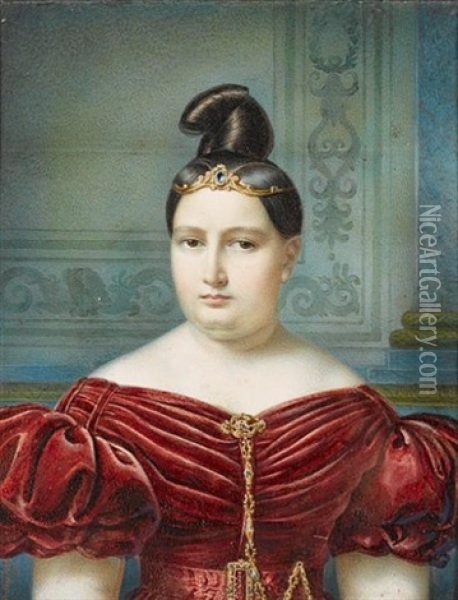 The Artist's Wife, Louise Schavije Stapleaux, Wearing Red Dress With Short Puffed Sleeves, Orange And Red Enamelled Gold Brooch Oil Painting - Michel Ghislain Stapleaux
