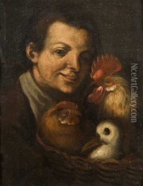 Jeune Garcon Tenant Un Panier Avec Coq, Poule Et Canard Oil Painting - Antonio Mercurio Amorosi
