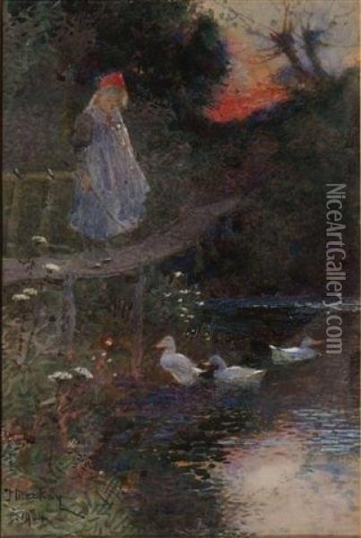 A Young Girl Beside A Duck Pond Oil Painting - James Mackay