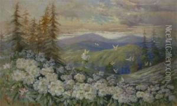 Untitled - Flowers And Butterflies On Hill Side Oil Painting - Marian Ellis Rowan