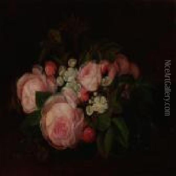Still Life With Pink Roses And Hawthorn Oil Painting - I.L. Jensen