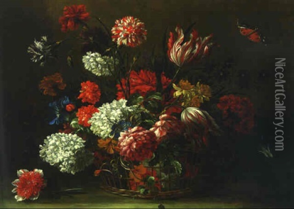 Parrot Tulips, Carnations, Chrysanthemums, Convovulus And Other Flowers In A Basket Oil Painting - Jean-Baptiste Monnoyer