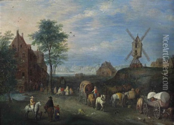 A Landscape With Travellers On A Road In A Village, A Windmill Nearby Oil Painting - Joseph van Bredael