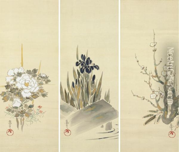 Plum, Iris And Peony Oil Painting - Hochu Nakamura