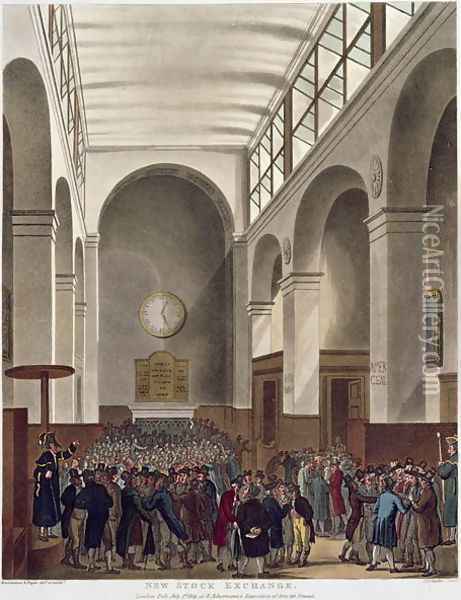 The New Stock Exchange, Bartholomew Lane, from Ackermanns Microcosm of London, published 1809 Oil Painting - T. Rowlandson & A.C. Pugin