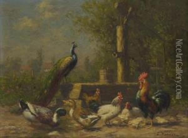 Huhner, Enten Und Pfau Am Brunnen Oil Painting - Gustav Mesmer