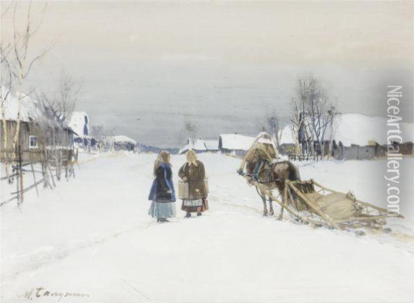 Village In Winter Oil Painting - Mikhail Abramovich Balunin