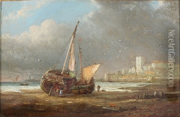 Coastal Scene With Two Ships Drawn Up On The Beach Oil Painting - George Gregory