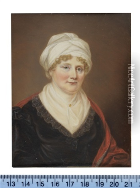 Elizabeth Foulkes Nee Fortescue (b. 1762)), Wearing Black Dress With Lace Trim, Her White Fill-in Fastened With A Gold Brooch Pin Oil Painting - James Leakey