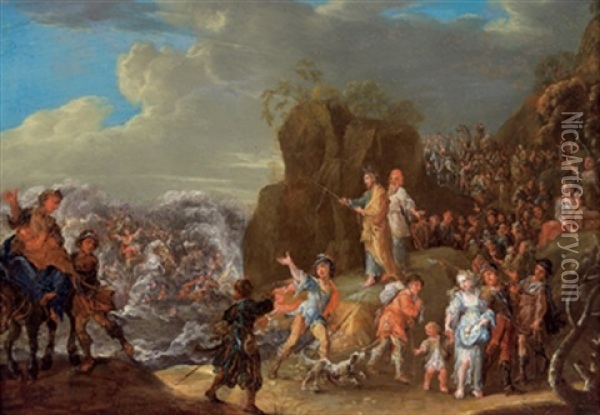 Der Tanz Um Das Goldene Kalb (+ Der Zug Der Israeliten Durch Das Rote Meer; Pair) Oil Painting - Johann Georg Platzer