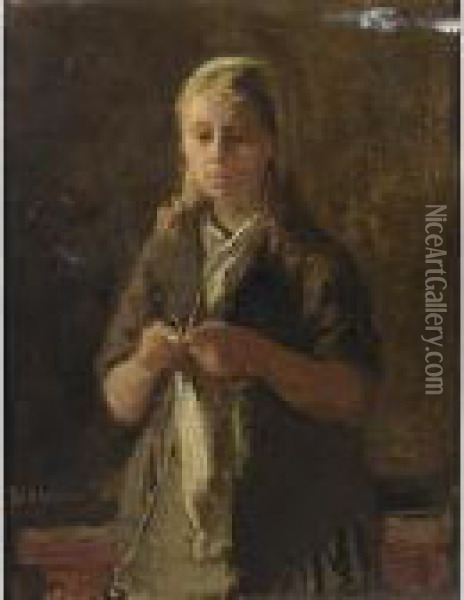 A Girl Knitting Oil Painting - Bernardus Johannes Blommers