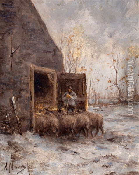 Een Winterse Schaapskooi Oil Painting - Anton Mauve