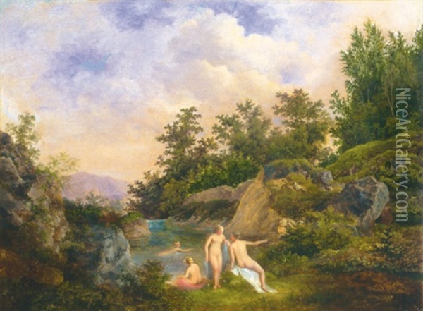 Bathing Nudes In Landscape Oil Painting - Karoly Marko the Younger
