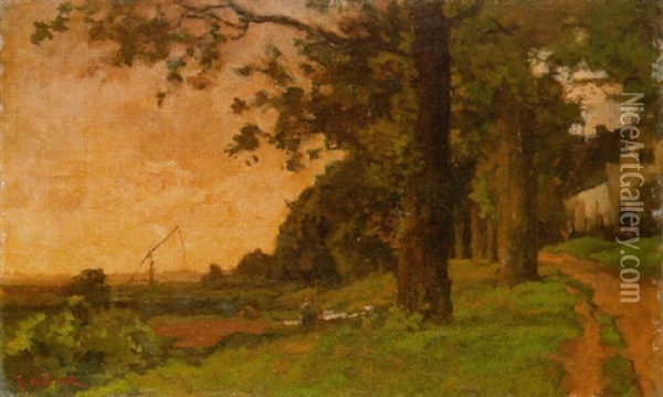 A Peasant In A Meadow At The Edge Of A Wood, A Farm Beyond Oil Painting - Theophile De Bock