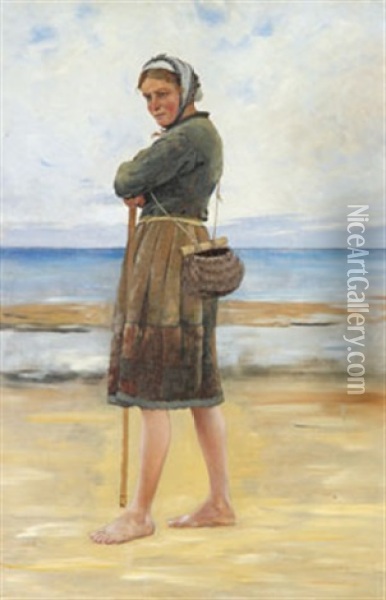 Musselplockerska Pa Strand I Bretagne Oil Painting - August Vilhelm Nikolaus Hagborg