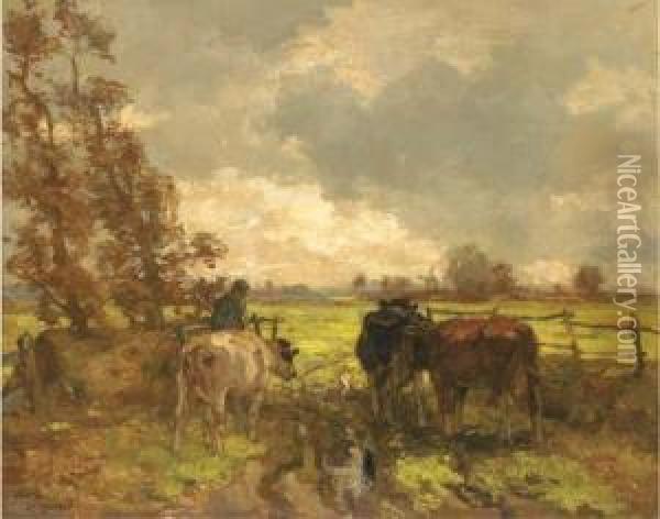Leading Cows Into Pasture Oil Painting - Frans Langeveld