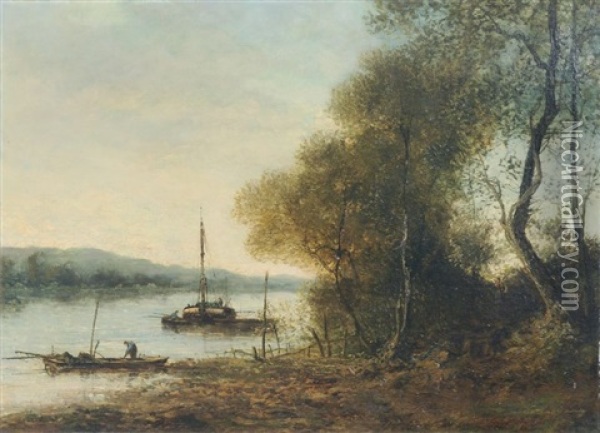 Abendstimmung Am Fluss Mit Fischerbooten Oil Painting - Henri Gounin