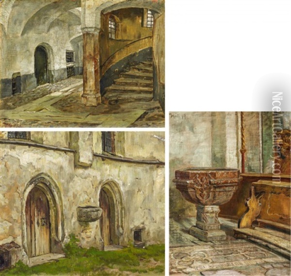 Drei Olstudien. A.) Treppenaufgang Im Schlos B.) Taufbecken C.) Kirchenportale Oil Painting - Karl Gebhardt