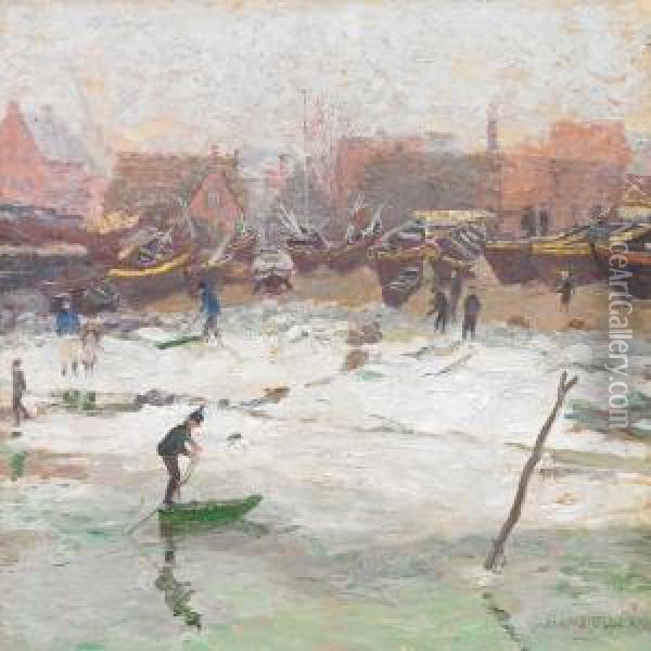 Playing Children By The River Swentine In Kiel, Winter Oil Painting - Hans Olde