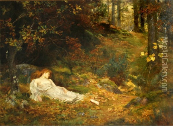 The Sleeping Damsel (una And The Lion) Oil Painting - Arthur Trevithin Nowell