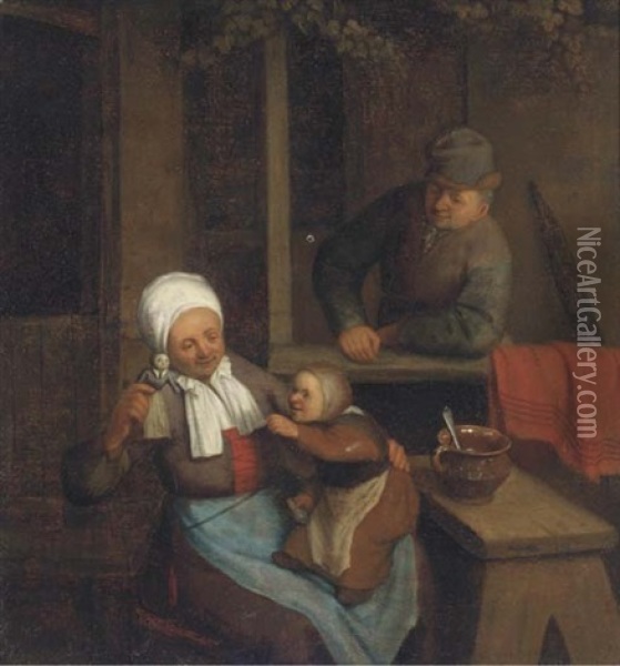 A Mother Playing With Her Child With A Man Looking On Oil Painting - Cornelis Dusart