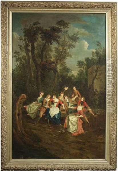 An Elegant Party In A Park. Oil/canvas/canvas Oil Painting - Watteau, Jean Antoine