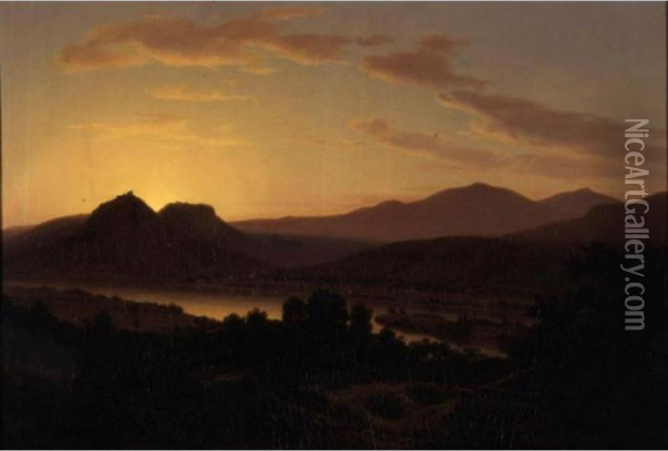 Sunrise, View Of Drachenfels From Rolandseck Oil Painting - Thomas Worthington Whittredge
