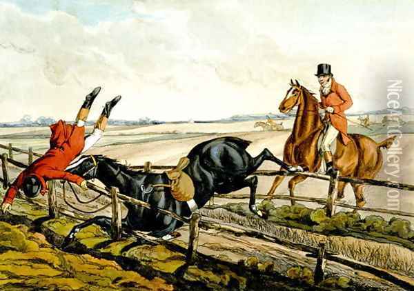 Misjudging the Jump, plate from 'Qualified Horses and Unqualified Riders', 1815 Oil Painting - Henry Thomas Alken