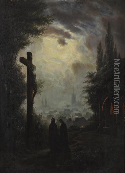 The Crucifix By Moonlight Oil Painting - Gustave Amberger