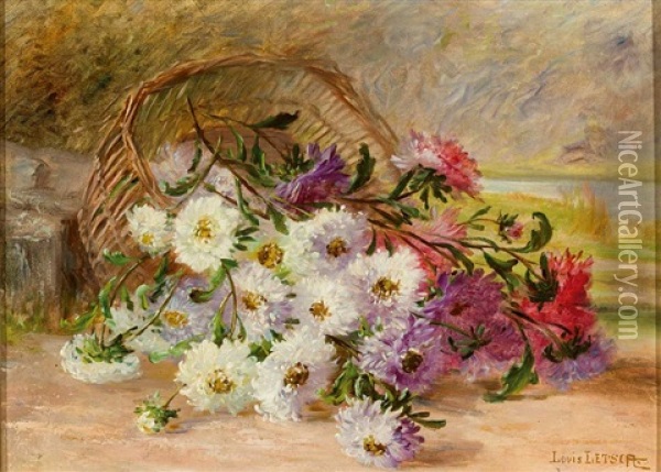 Blumenstilleben Mit Dahlien Vor Weiter Hugeliger Landschaft Oil Painting - Louis Letsch