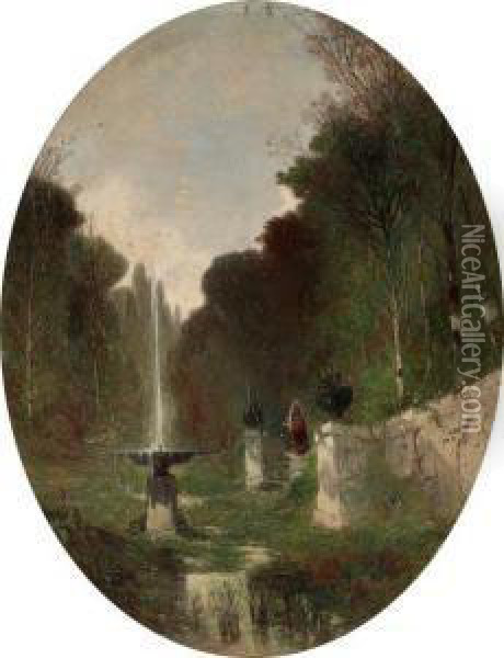 Pair Of Romantic Landscapes With Fountain And Windmill (oval Formal) Oil Painting - Eugene Deshayes