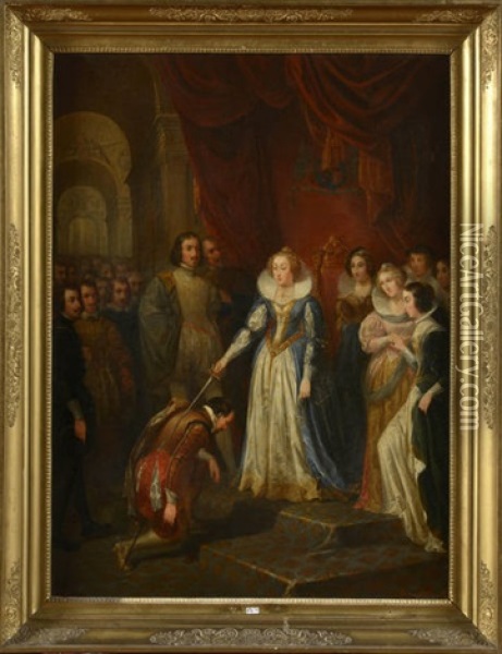 Adoubement D'un Chevalier Par La Reine Elisabeth Lere D'angleterre Oil Painting - Edouard Van Marcke