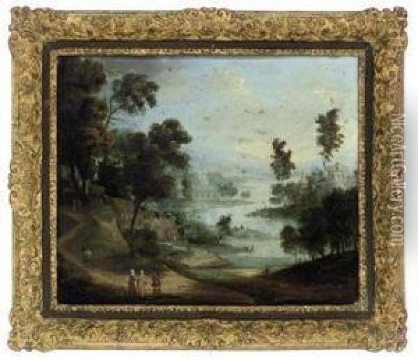 An Extensive River Landscape With Figures On A Track Oil Painting - Marc Baets