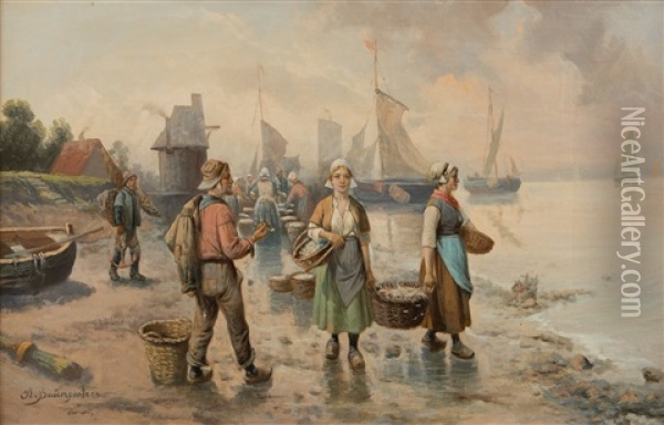 Fishermen By The Shore Oil Painting - Adolf (Constantin) Baumgartner-Stoiloff