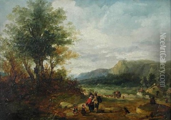 Villagers Conversing In A Wooded Valley, A Village Beyond Oil Painting - John Holland
