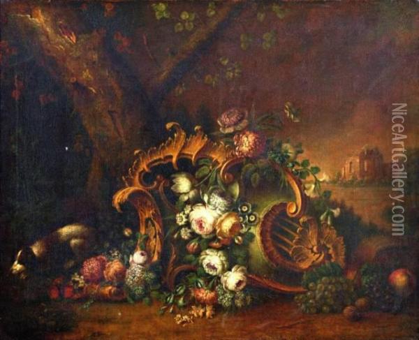 Stilleven Met Bloemen In Cartouche, Een Ruine Op De Achtergrond Oil Painting - Jan Van Huysum